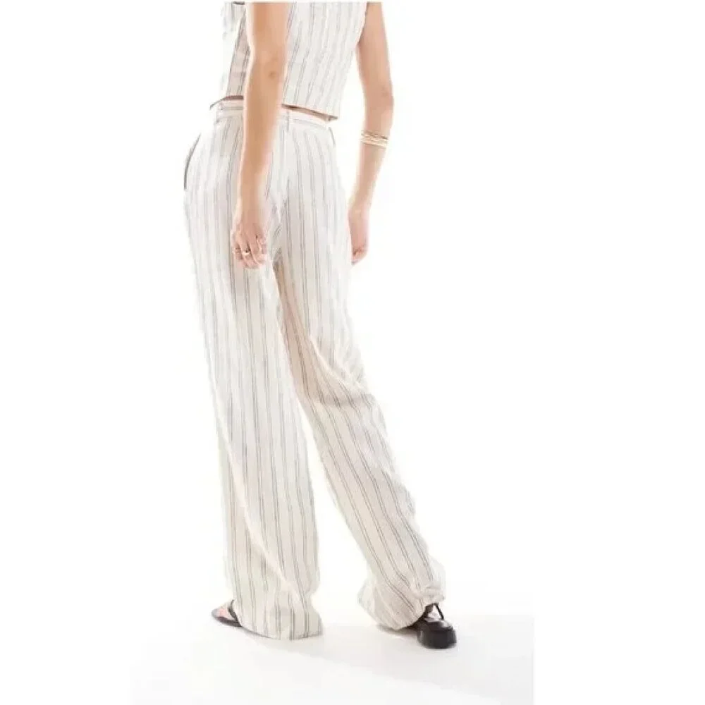 Mango Stripe Linen Mix Pants White/Cream Sz XS NWT